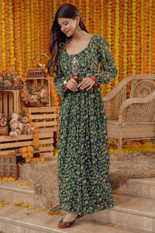 EMERALD GREEN FLORAL PRINT FIT AND FLARE DRESS (7759091073270)