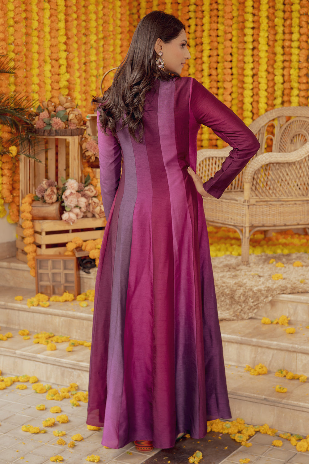 PURPLE OMBRE FLORAL EMBELLISHED FIT AND FLARE DRESS WITH TASSELS (7758604730614)