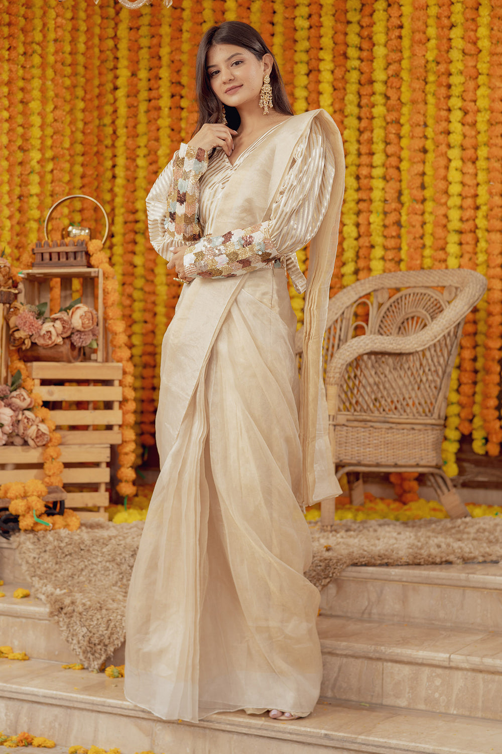 BEIGE BANARSI EMBELLISHED SAREE WITH BELT (7760718233846)