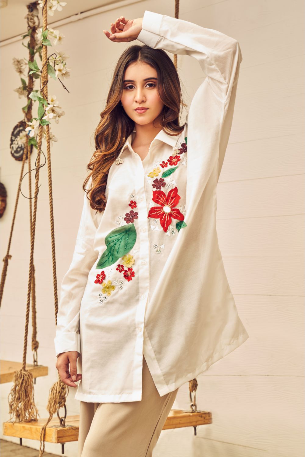 Boho White Oversized Shirt With Floral Patch Work (8007388758262)