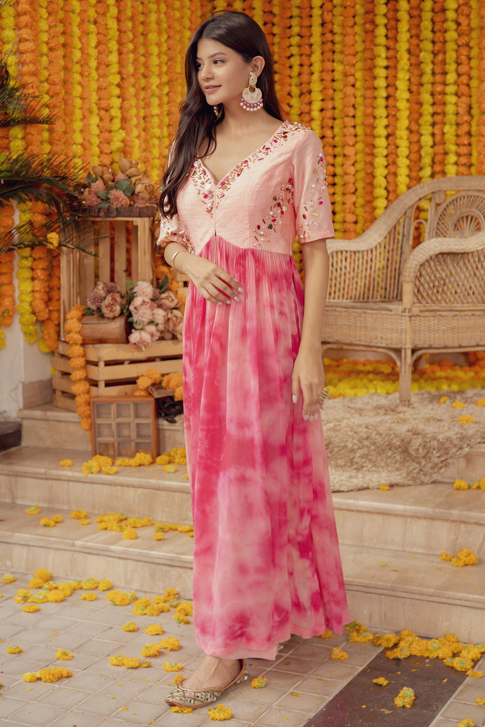 PINK EMBELLISHED TIE DYE FLARE DRESS (7758611775734)