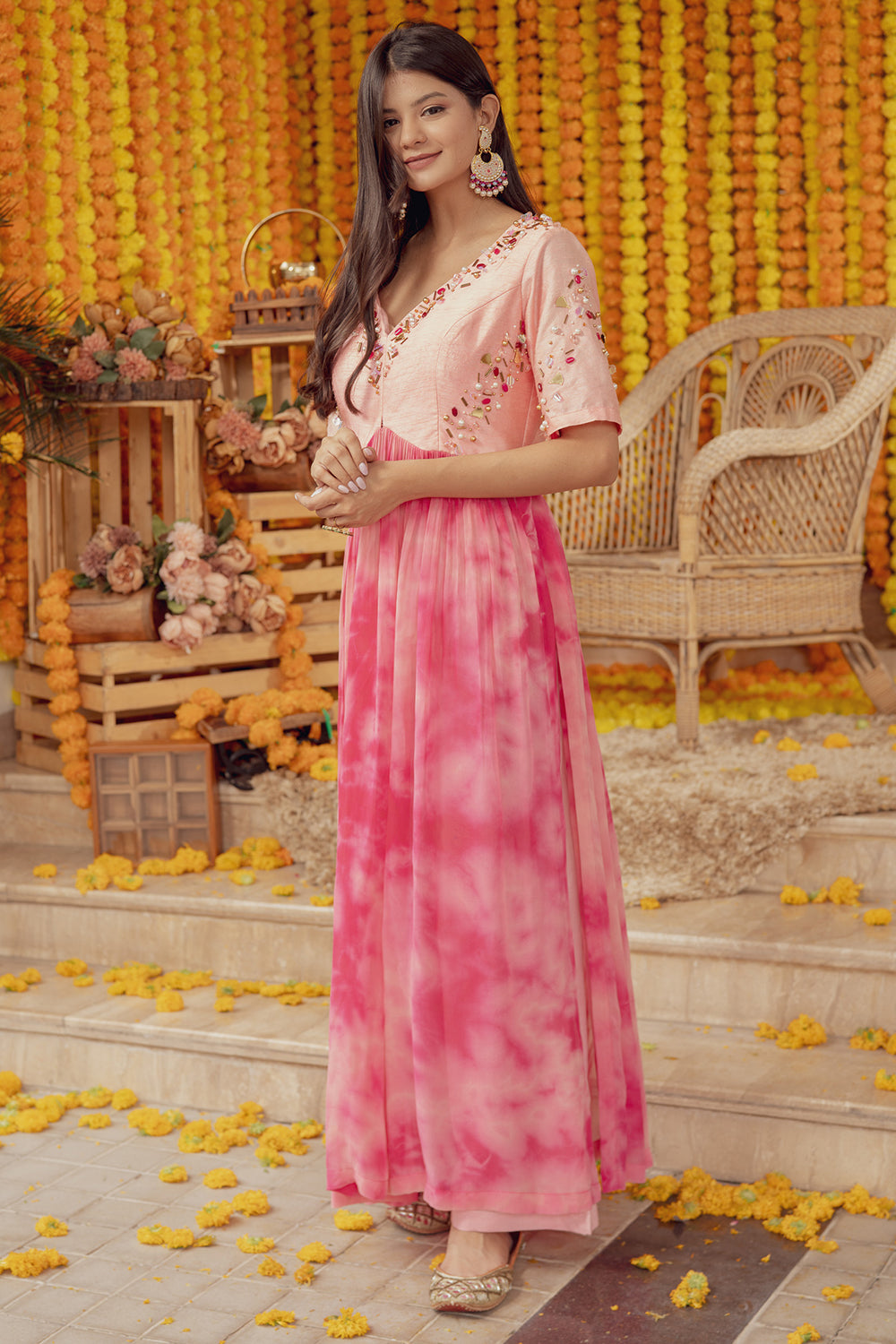 PINK EMBELLISHED TIE DYE FLARE DRESS (7758611775734)