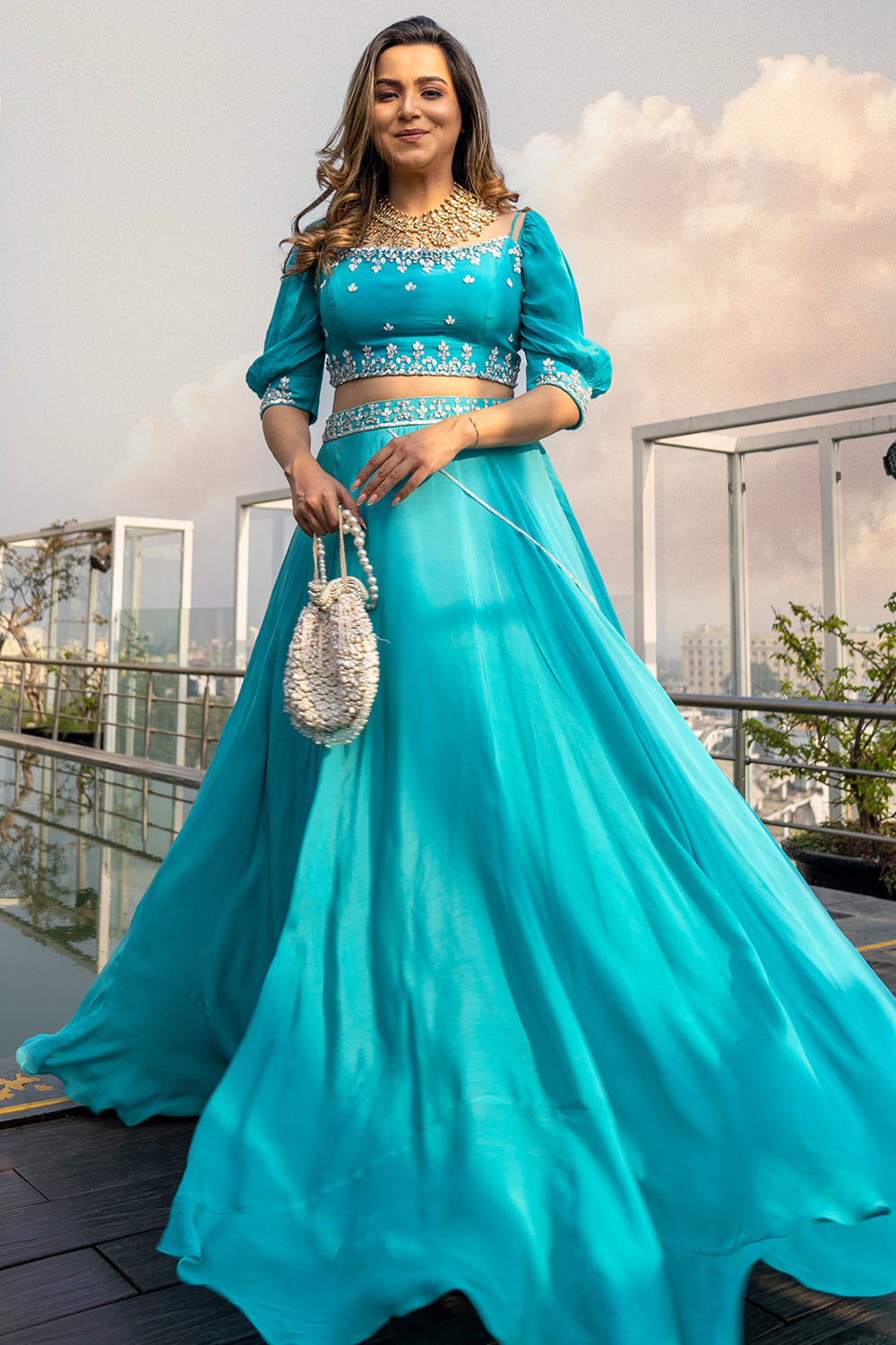 SKY BLUE PUFF SLEEVE EMBELLISHED LEHENGA SET (7555430383862)