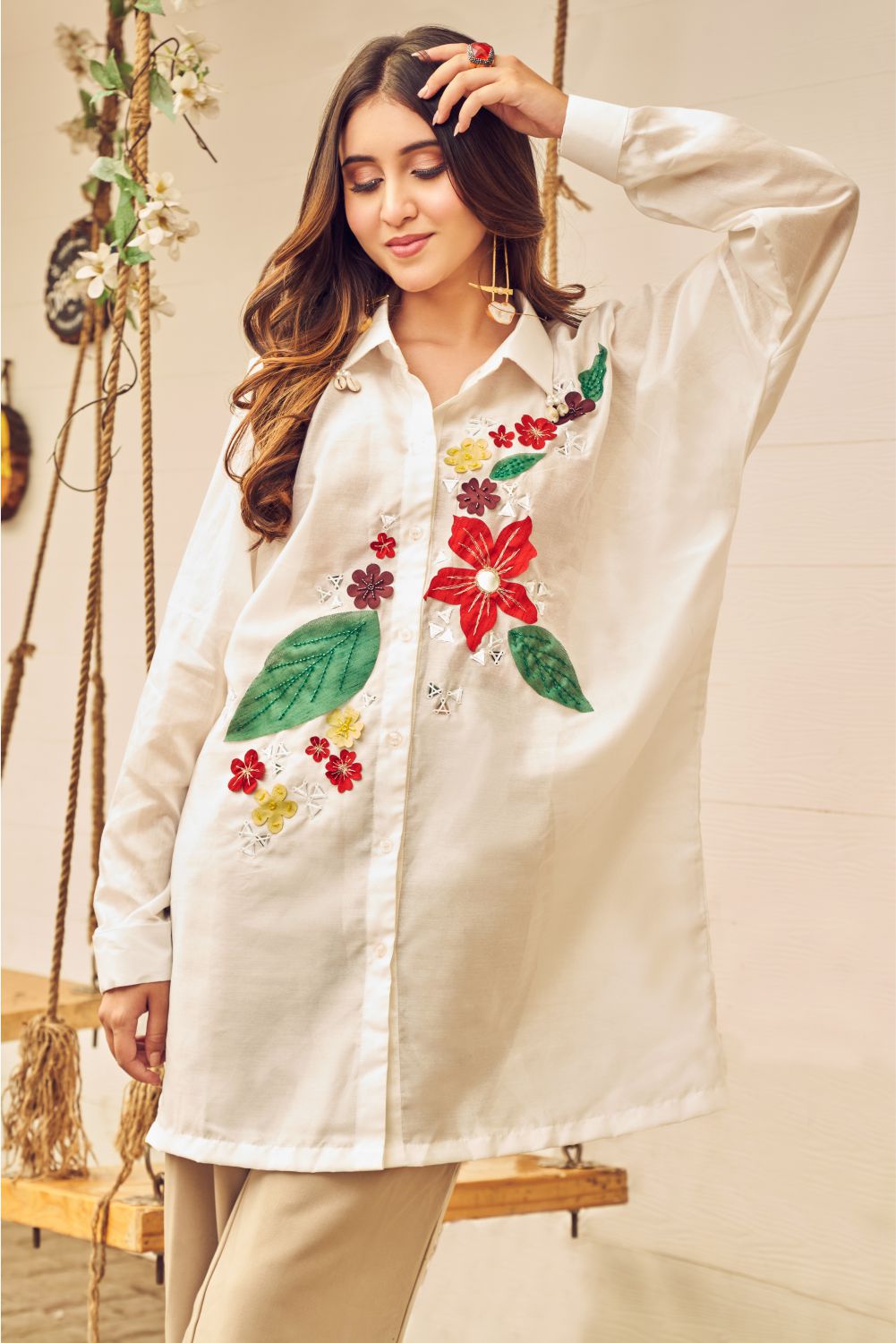 Boho White Oversized Shirt With Floral Patch Work (8007388758262)