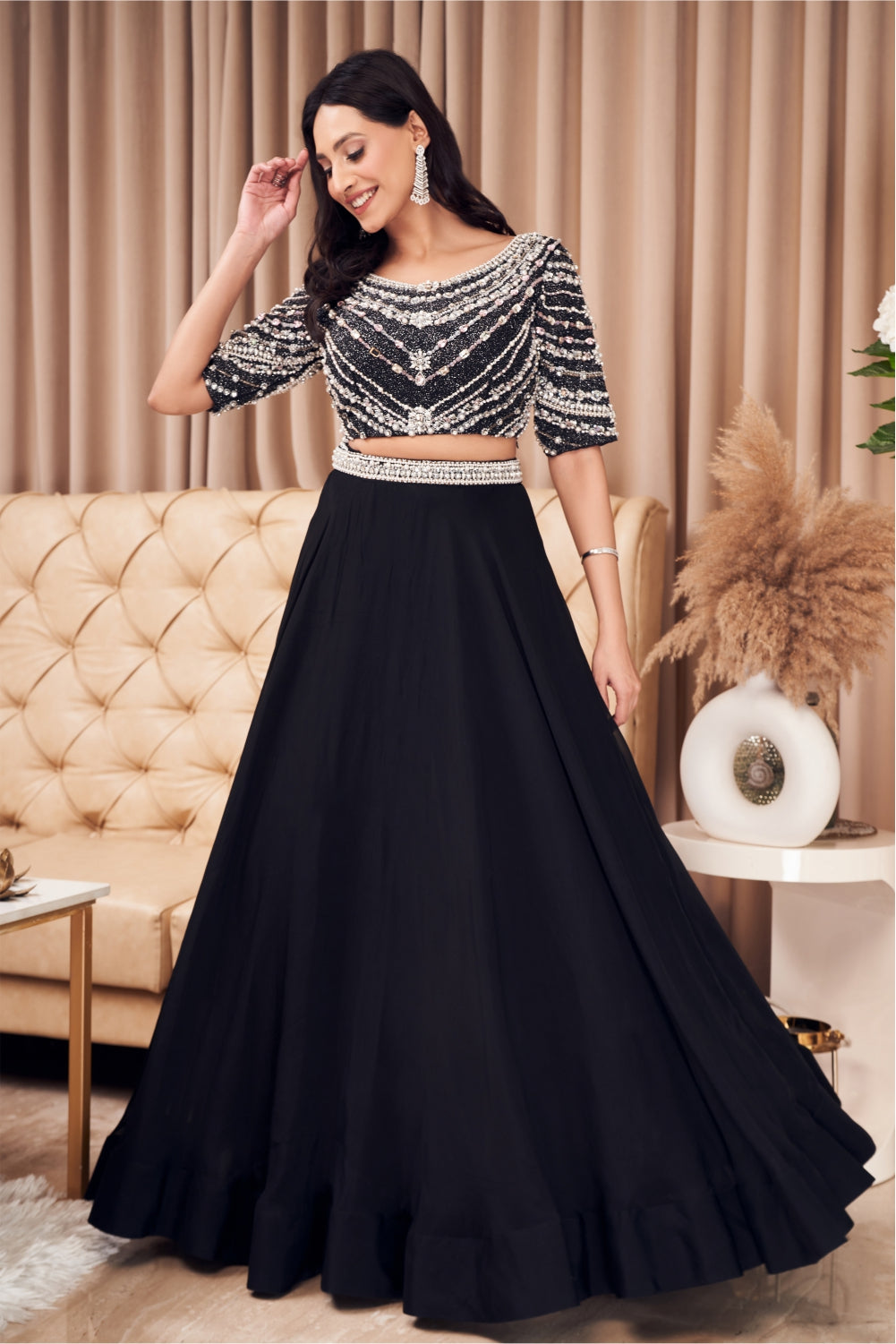 Black Skirt And Blouse With Stone And Crystal Work (7970812395766)