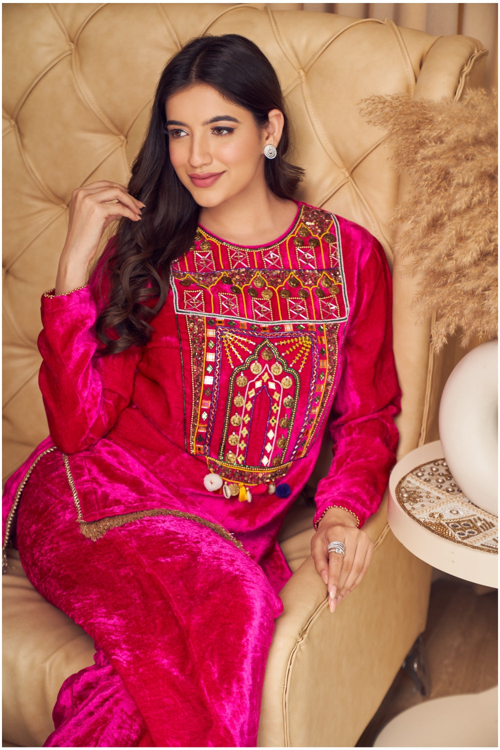 Hot Pink Velvet Straight Fit Kurti with Pants (7954974605558)