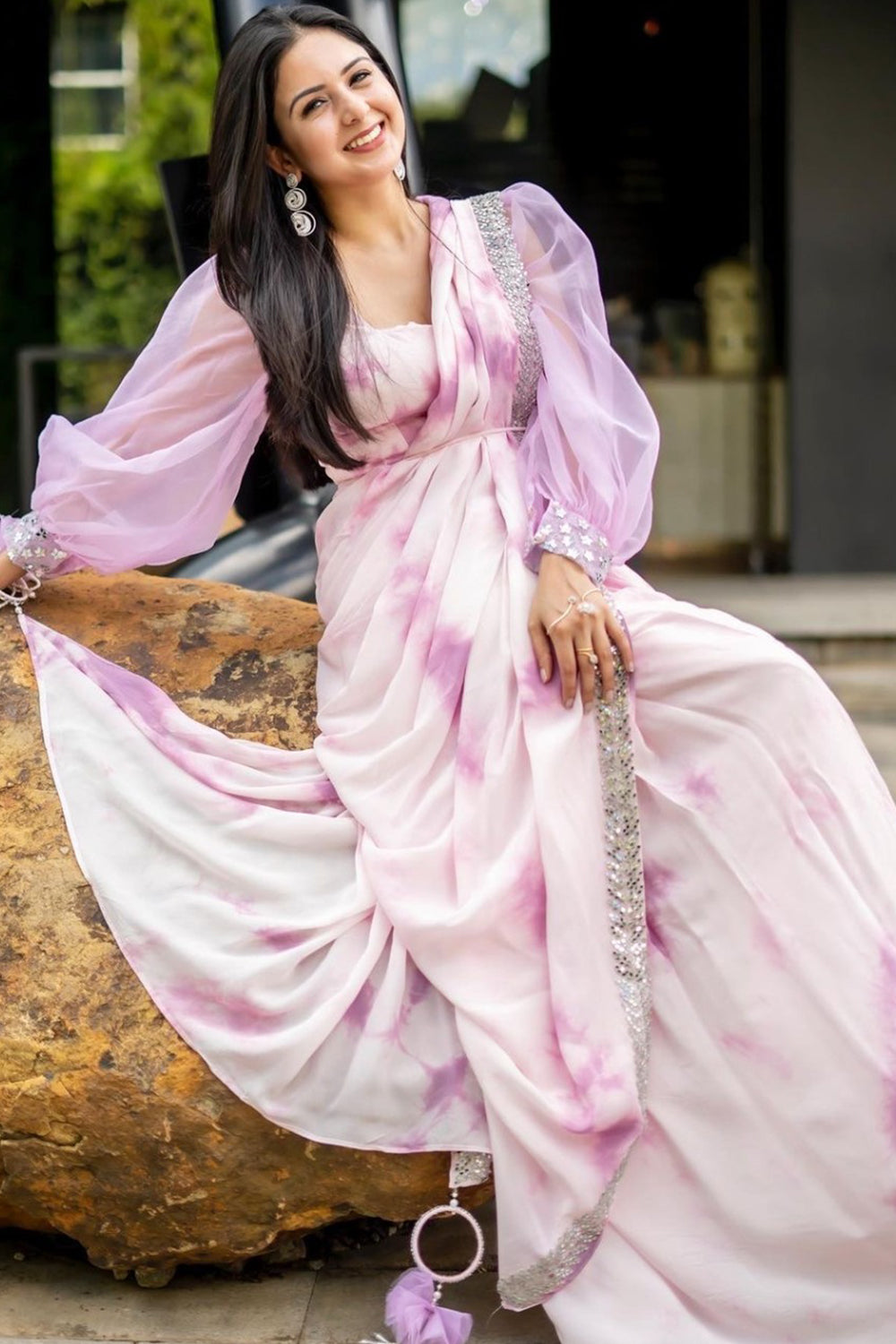 SAMRIDHI DHILLON IN LILAC TIE DYE READY TO WEAR SAREE (7559329644790)