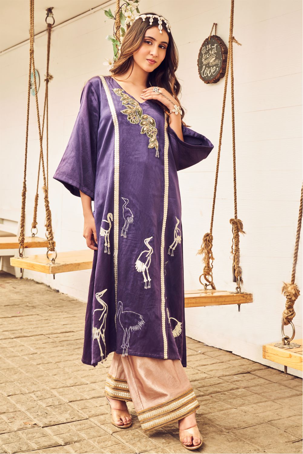 Boho Purple Flamingo Embroidered Kurti With Pants (8007392067830)
