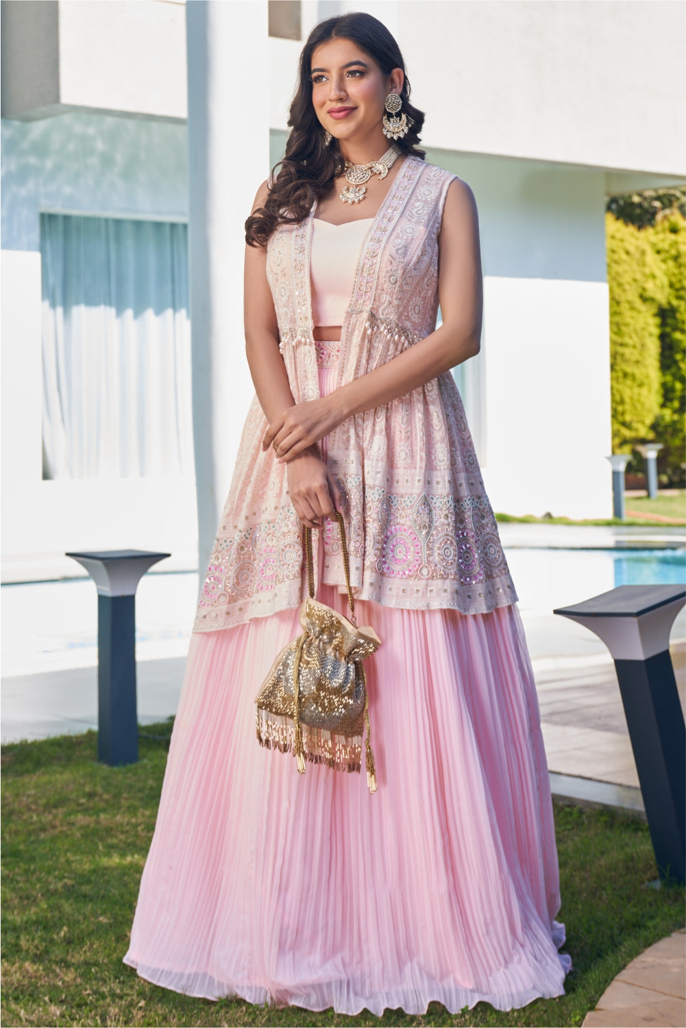 Baby Pink Lehenga Choli And Sleeveless Peplum Jacket With Lucknowi Work (7954740052214)