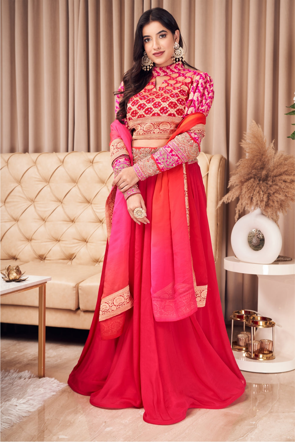 Hot Pink And Red Khaddi Work Blouse With Lehenga (7971172909302)