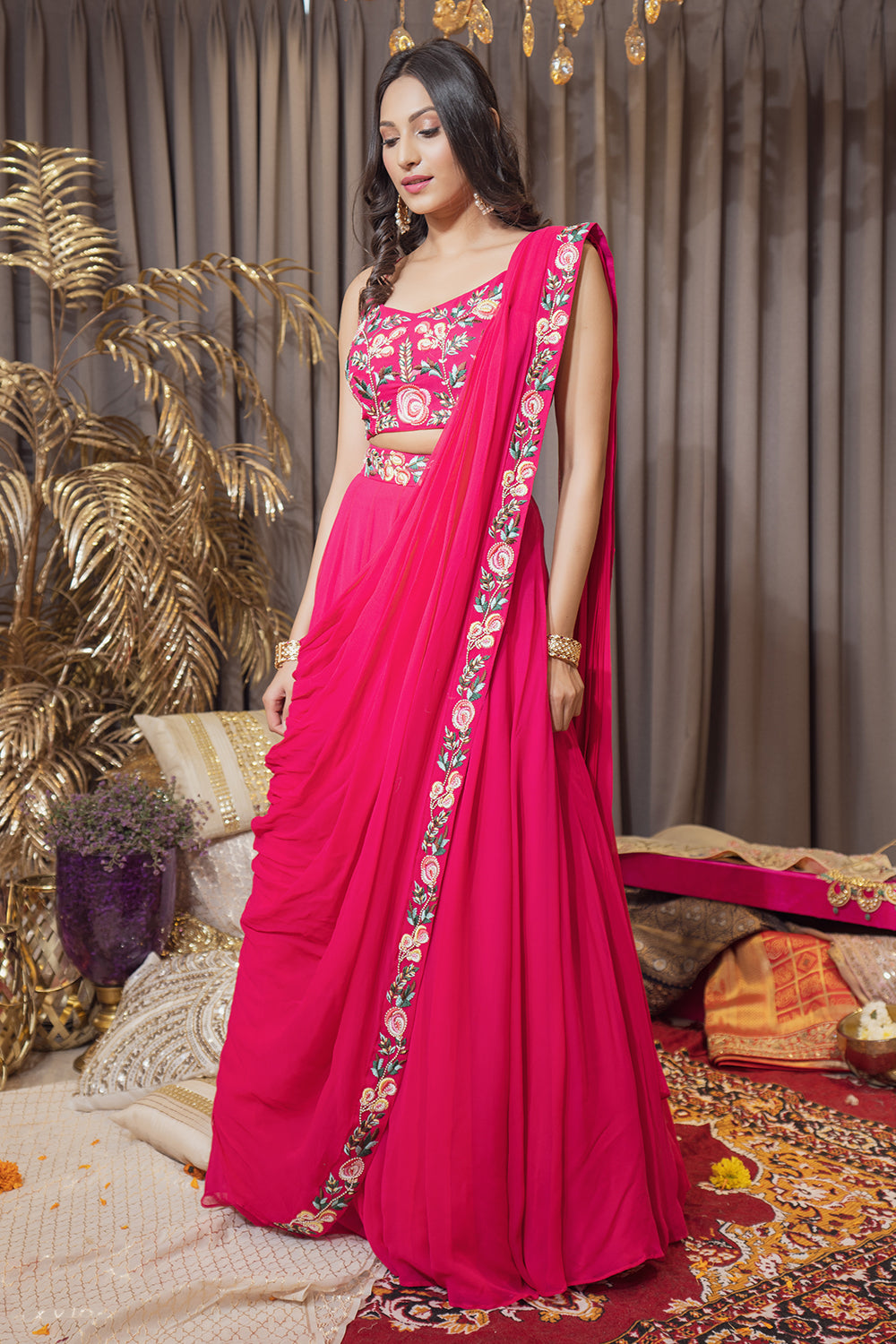 HOT PINK THREAD WORK CAPE LEHENGA SET (6987841634487)