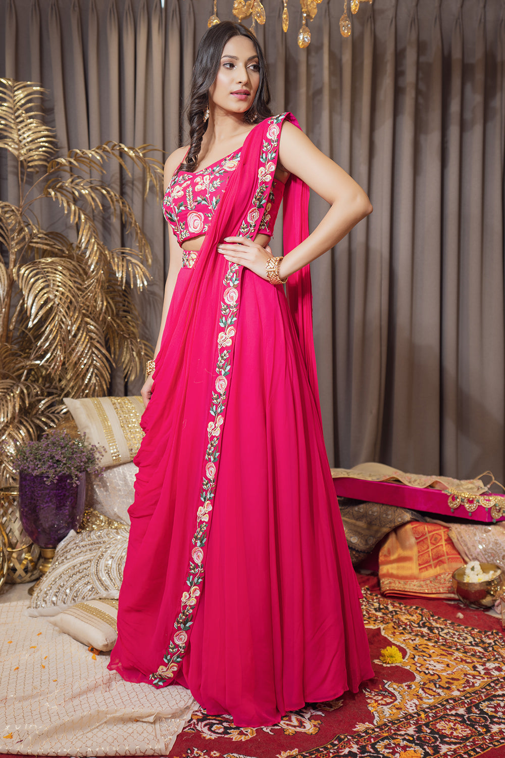 HOT PINK THREAD WORK CAPE LEHENGA SET (6987841634487)