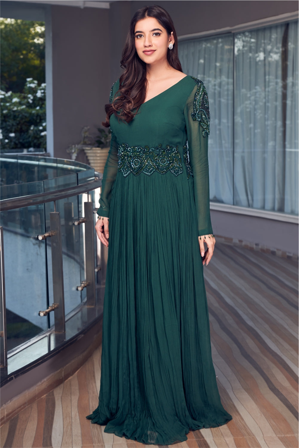 Bottle Green Anarkali With Embellishment (7962178912502)