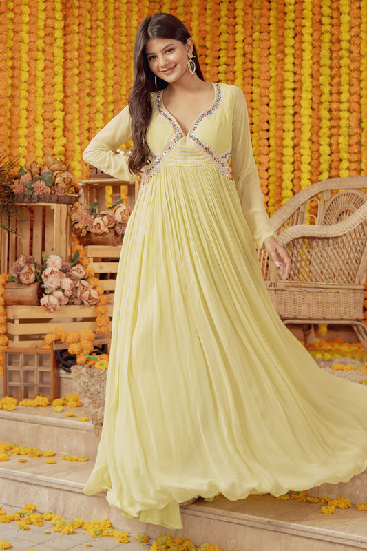 LEMON YELLOW CUT OUT EMBELLISHED FIT AND FLARE GOWN (7758989426934)