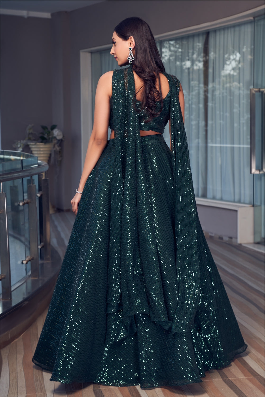 Bottle Green Sequin Lehenga Set With Choker Dupatta (7962305626358)