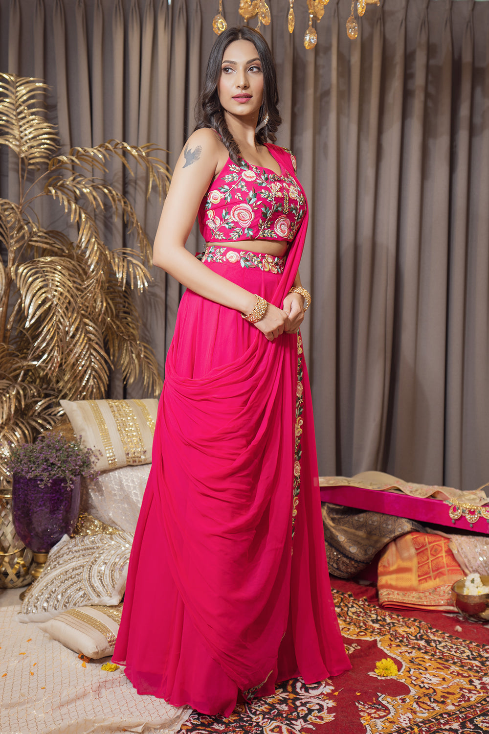 HOT PINK THREAD WORK CAPE LEHENGA SET (6987841634487)