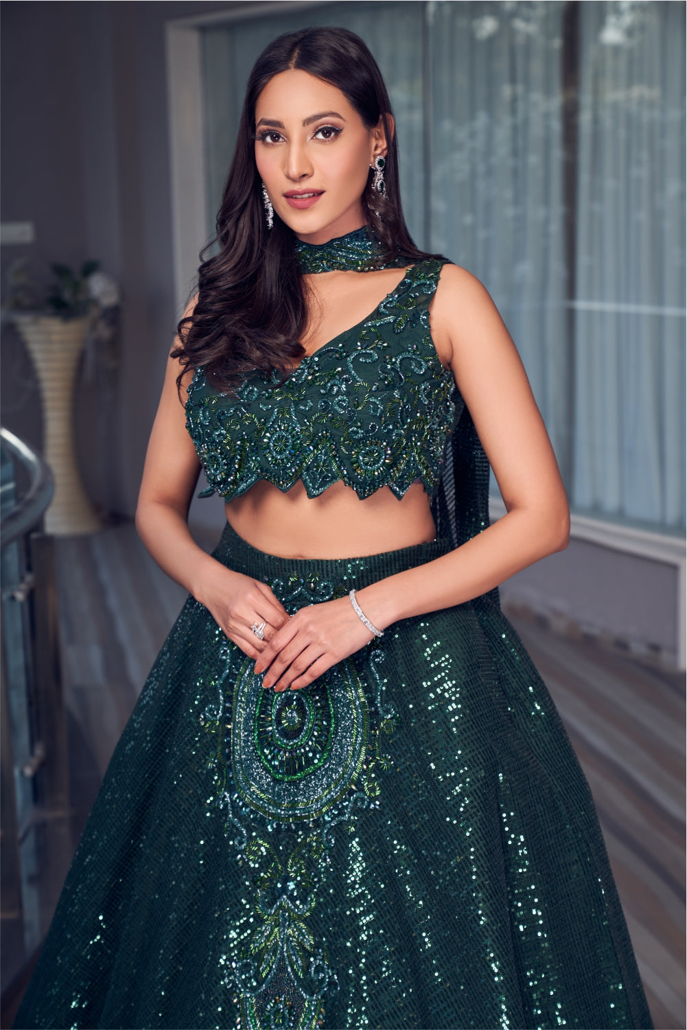 Bottle Green Sequin Lehenga Set With Choker Dupatta (7962305626358)