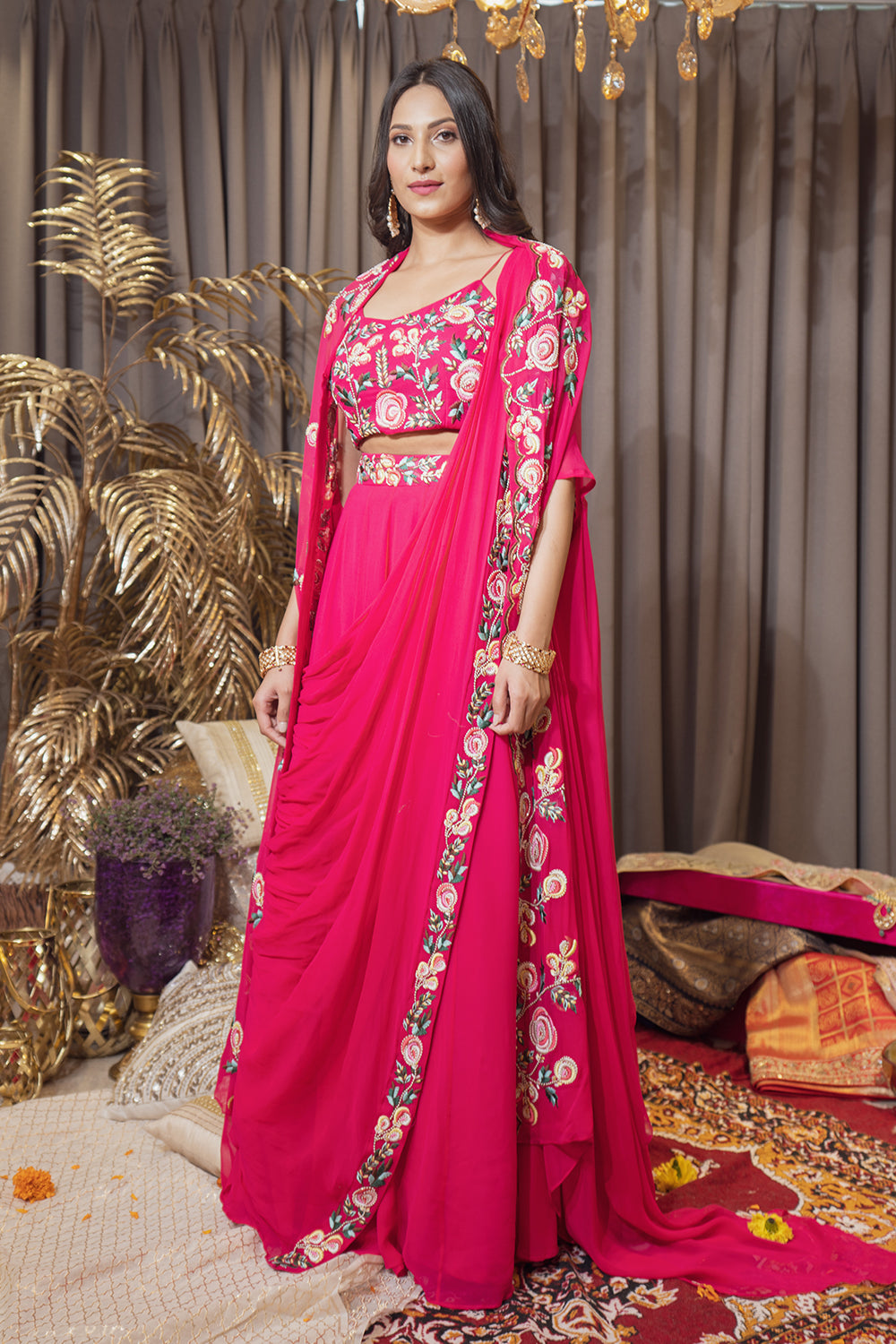 HOT PINK THREAD WORK CAPE LEHENGA SET (6987841634487)