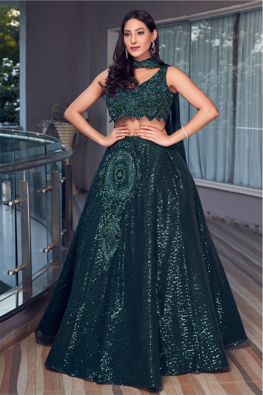 Bottle Green Sequin Lehenga Set With Choker Dupatta (7962305626358)