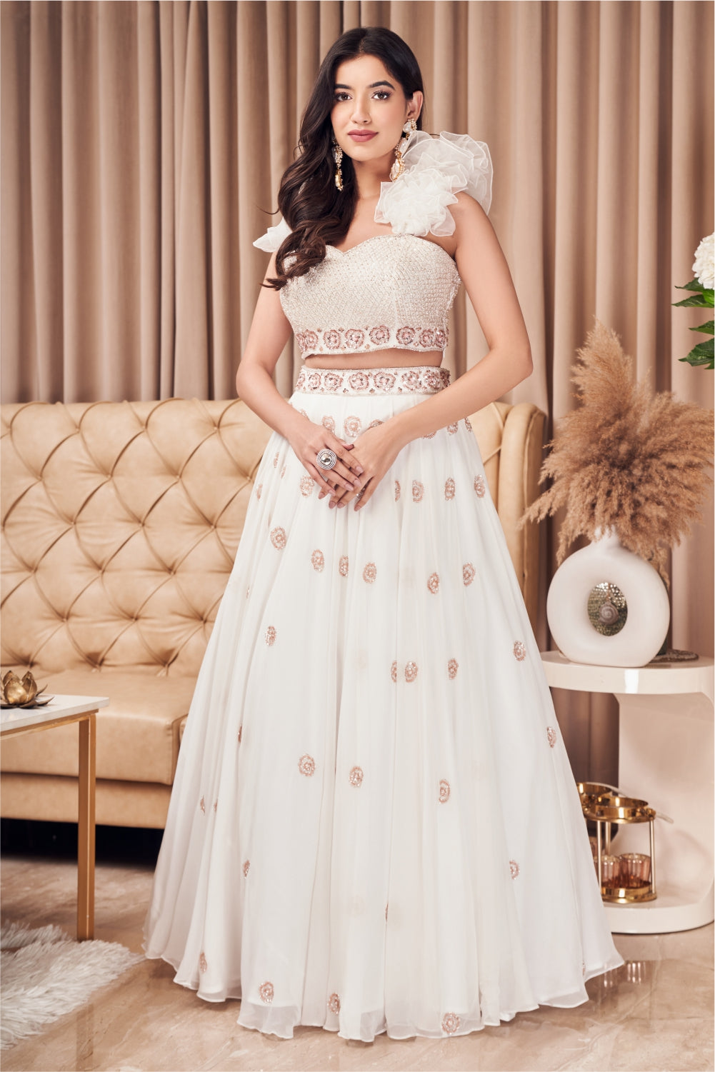 White Embellished Skirt Set With Ruffles Detailing (7971333275894)