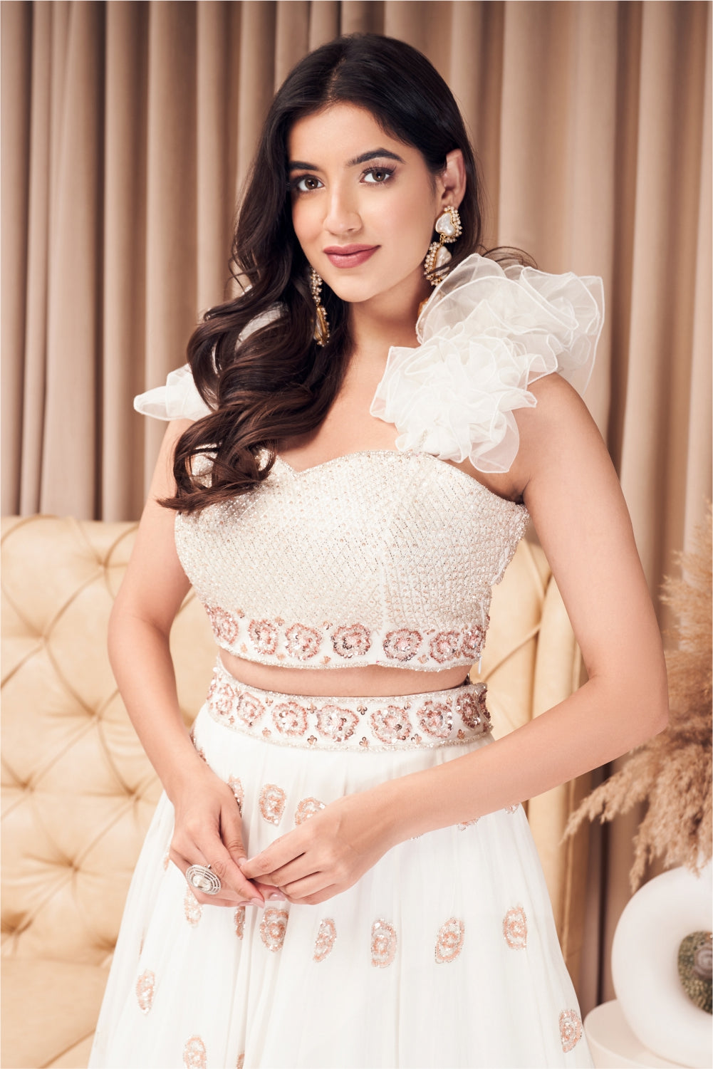 White Embellished Skirt Set With Ruffles Detailing (7971333275894)