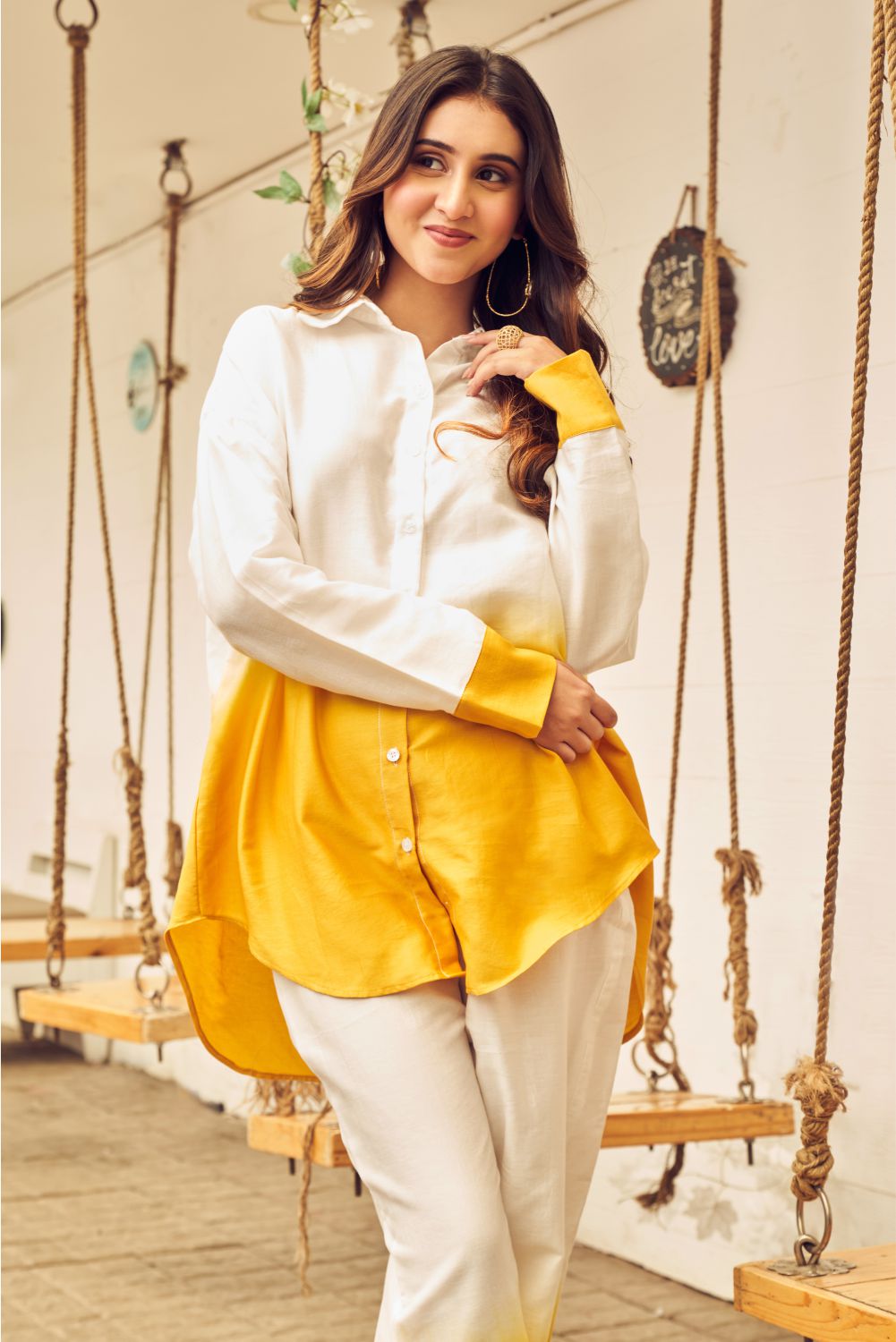 Boho White And Yellow Ombre Oversized Shirt With Pants (8007390363894)