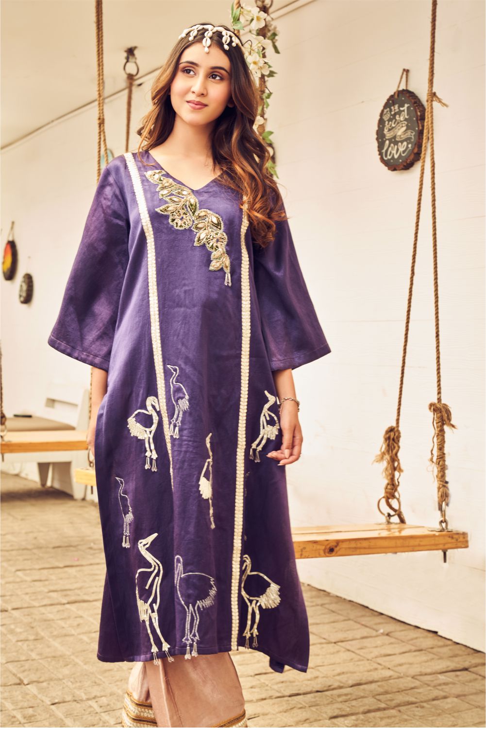 Boho Purple Flamingo Embroidered Kurti With Pants (8007392067830)