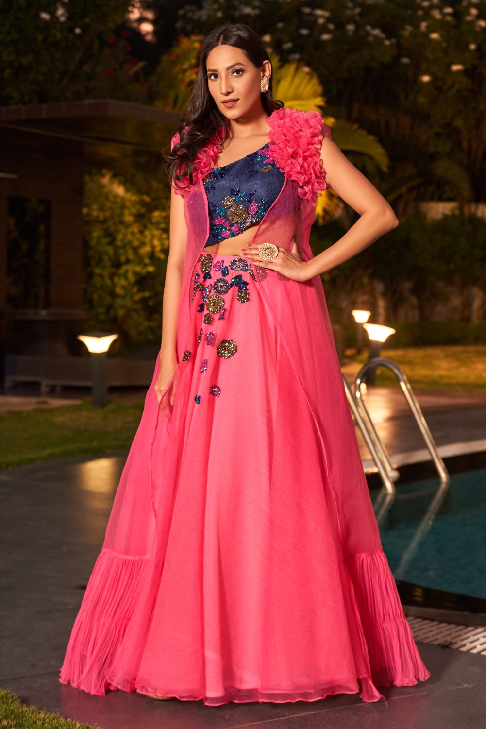 Hot Pink Lehenga With One Shoulder Blouse And Sleeveless Cape With Ruffles (7962168885494)