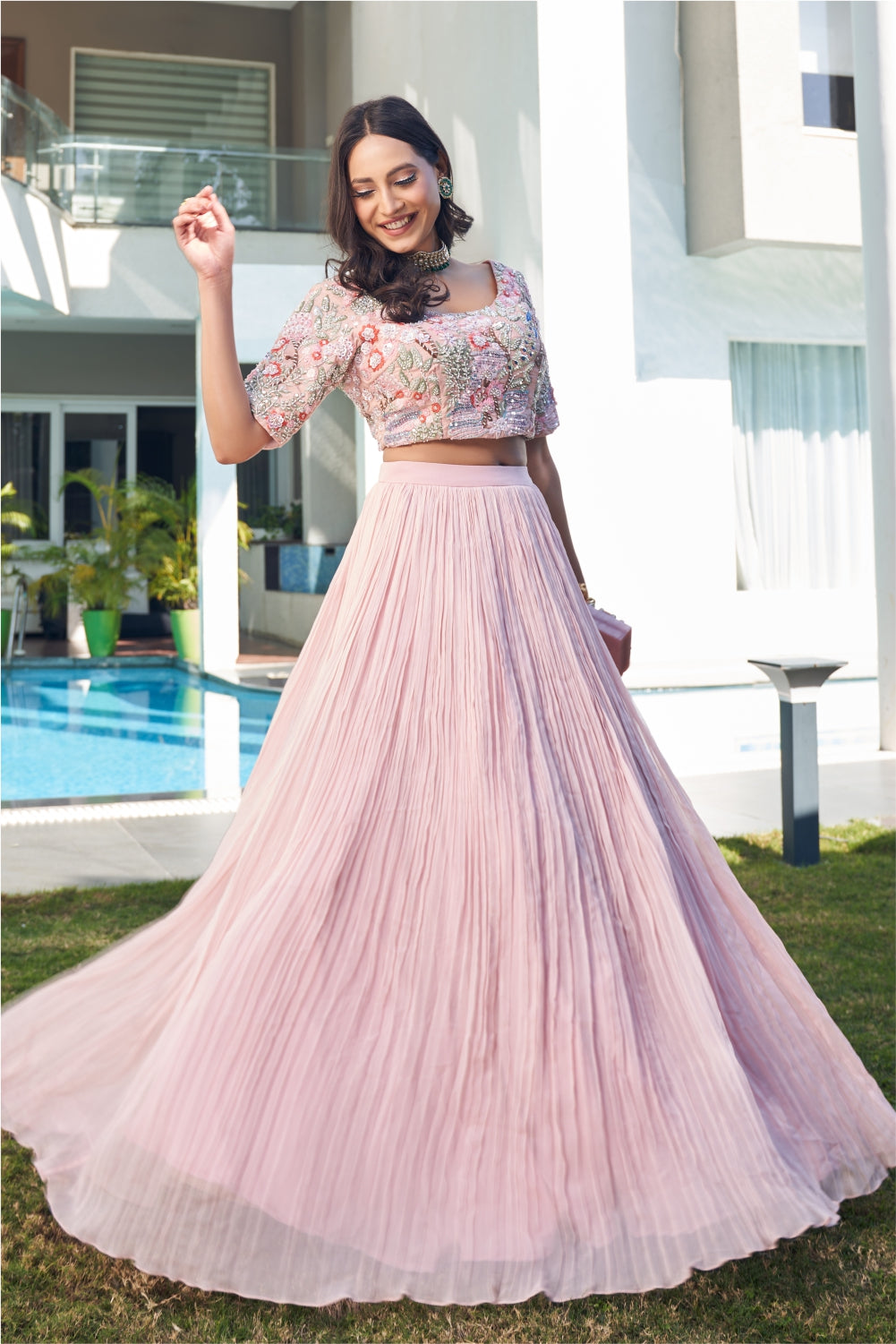 Pink Skirt And Blouse With Floral Embellishments (7954739069174)