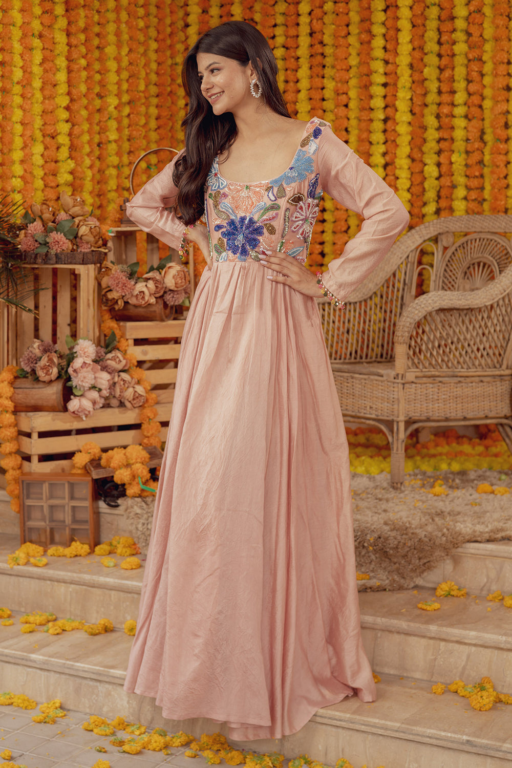 PEACH MULTICOLOR FLORAL EMBELLISHED FIT AND FLARE GOWN (7759002075382)