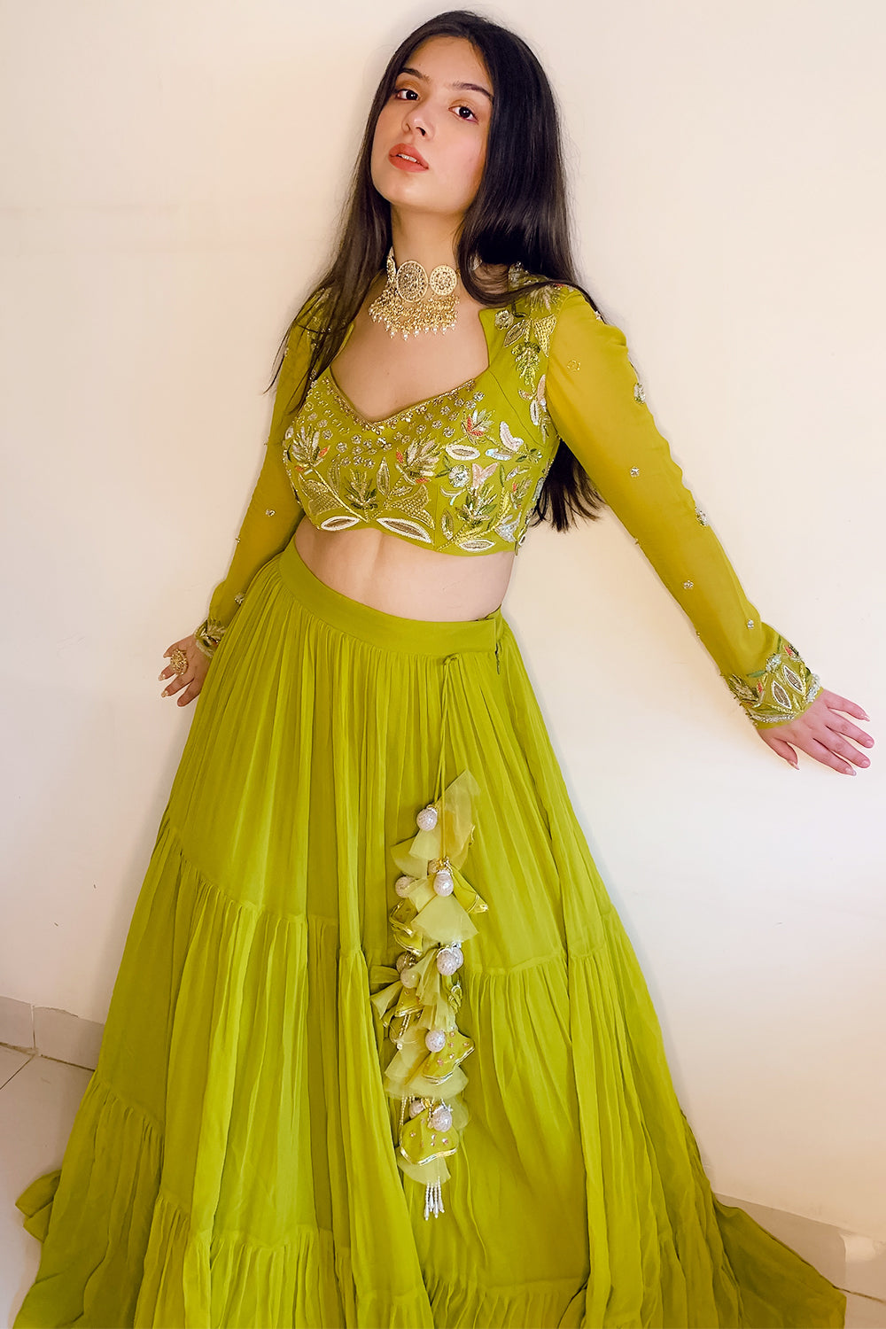 DUSTY GREEN ASSYMETRIC LEHENGA SET (6925839499447)