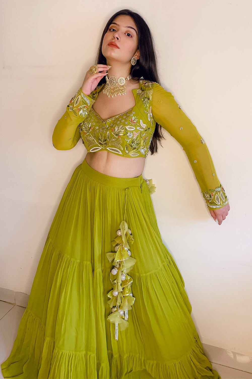 DUSTY GREEN ASSYMETRIC LEHENGA SET (6925839499447)