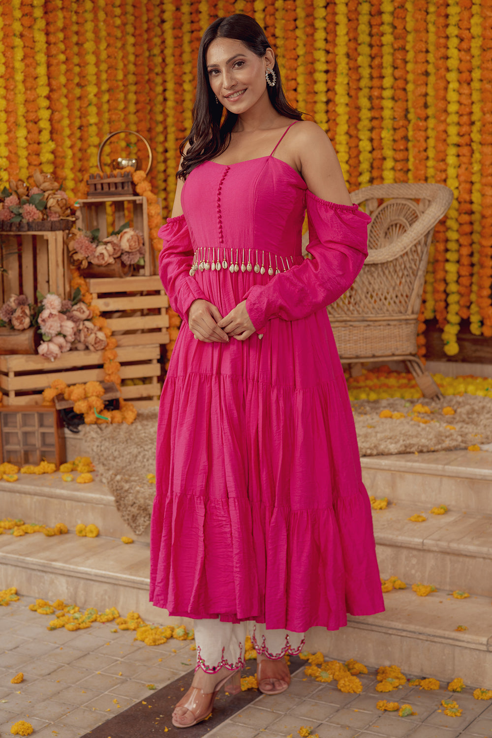 HOT PINK SHELL EMBELLISHED FLARED KURTA WITH WHITE SCALLOP PALAZZO PANTS (7759004205302)