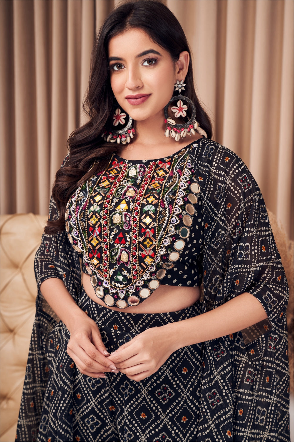 Black Printed Sharara Suit With Cape (7971339534582)
