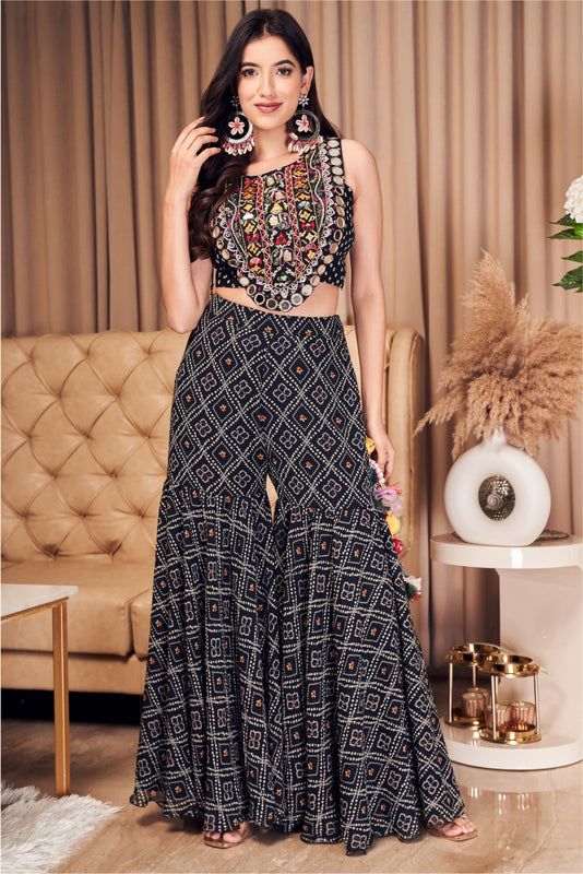 Black Printed Sharara Suit With Cape (7971339534582)