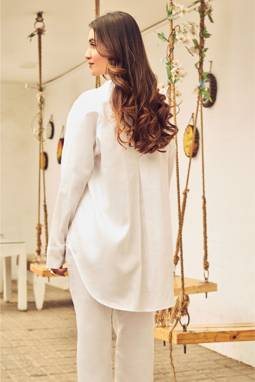 Boho White Cotton Oversized Patch Work Shirt With Pants (8007390789878)