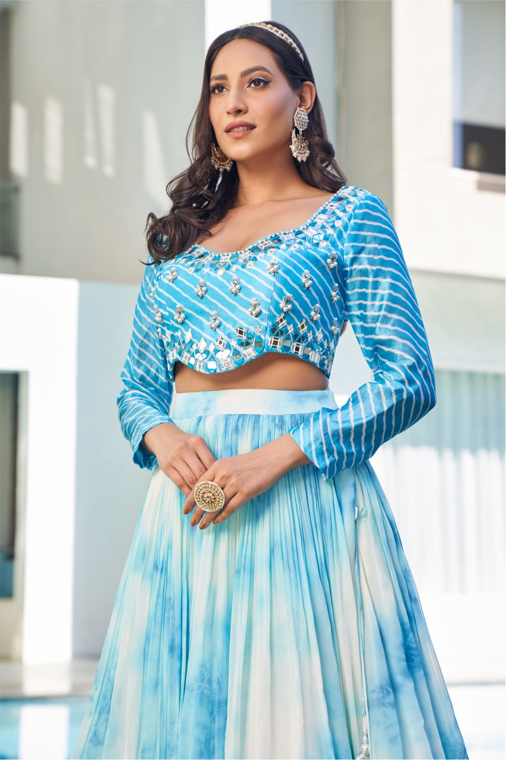 Blue Tie Dye Printed Skirt With Embellished Leheriya Blouse (7954740674806)