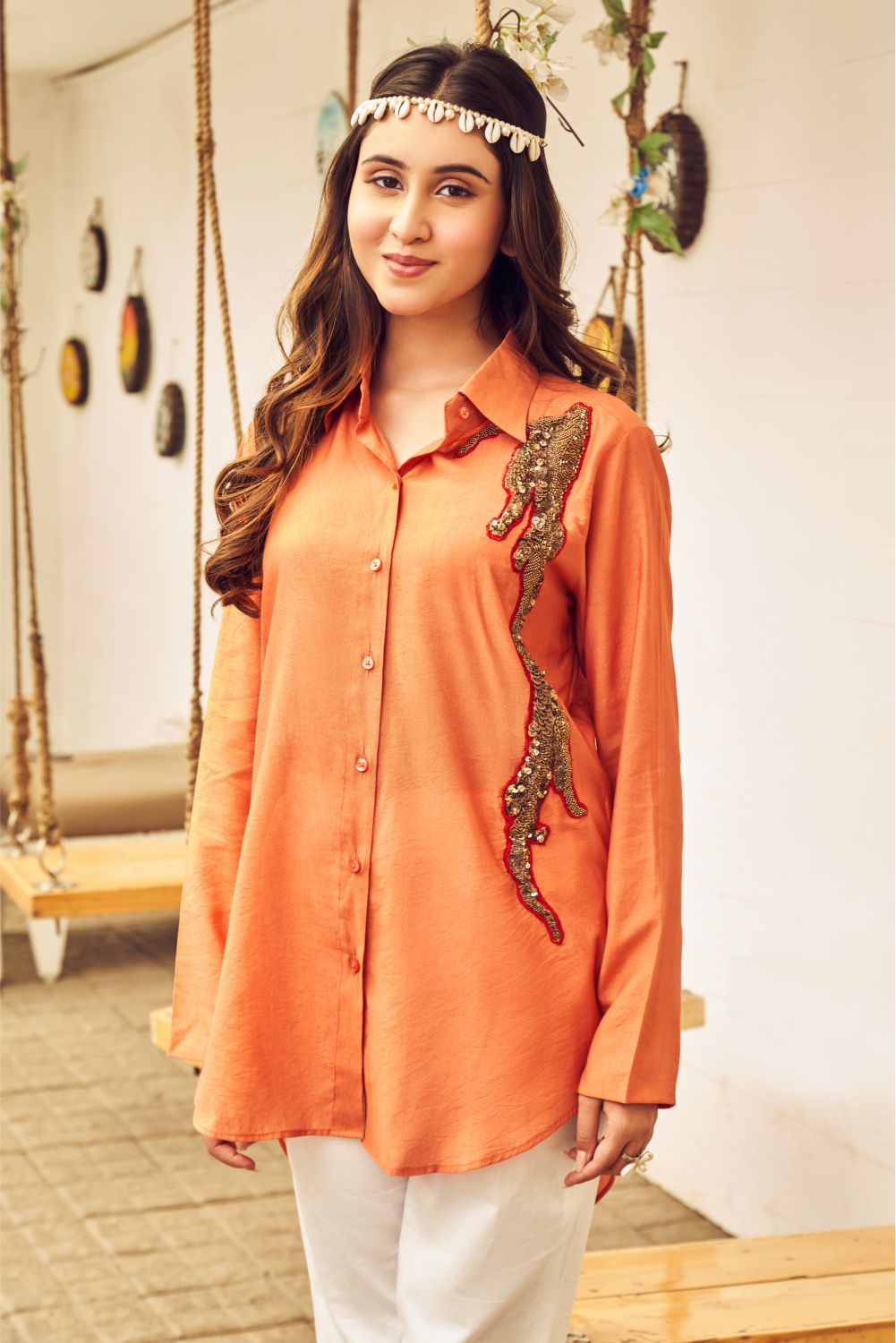 Boho Orange Shirt With Embellishment (8007389151478)