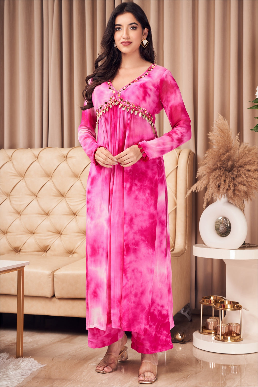 Pink Tie Dye Straight Fit Kurti with Pants (7971344941302)