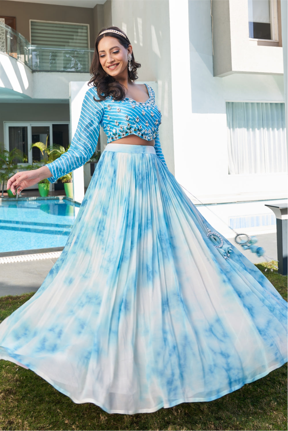 Blue Tie Dye Printed Skirt With Embellished Leheriya Blouse (7954740674806)