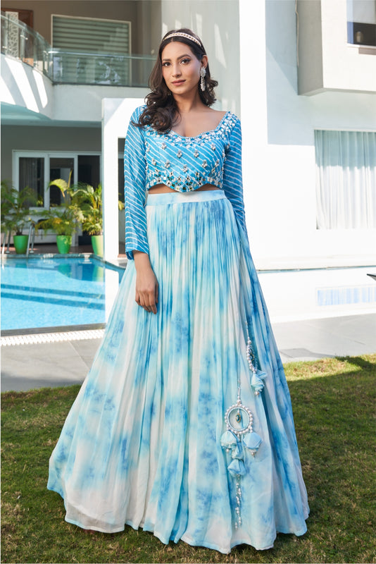 Blue Tie Dye Printed Skirt With Embellished Leheriya Blouse (7954740674806)