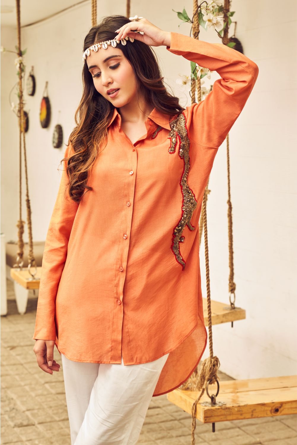 Boho Orange Shirt With Embellishment (8007389151478)