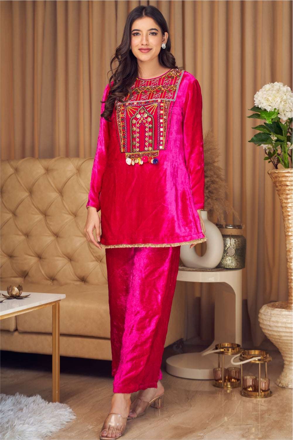 Hot Pink Velvet Straight Fit Kurti with Pants (7954974605558)