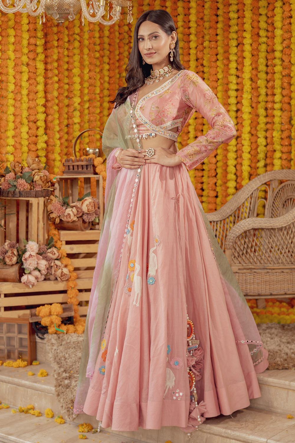 PINK FLORAL PRINT EMBELLISHED LEHENGA SET (7759057060086)
