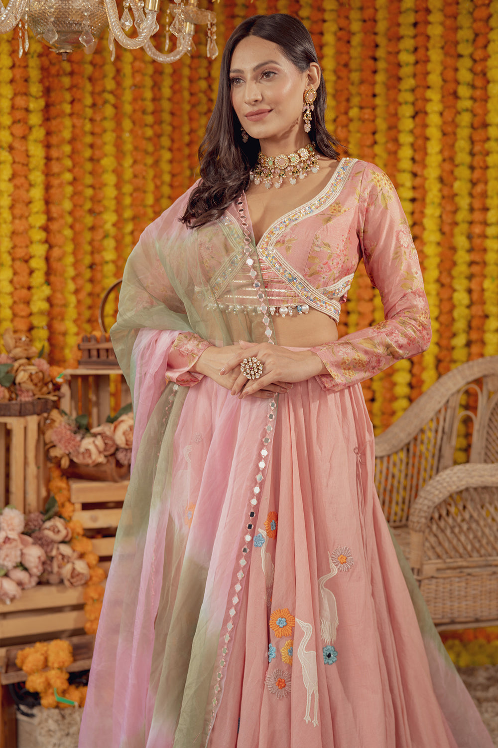 PINK FLORAL PRINT EMBELLISHED LEHENGA SET (7759057060086)