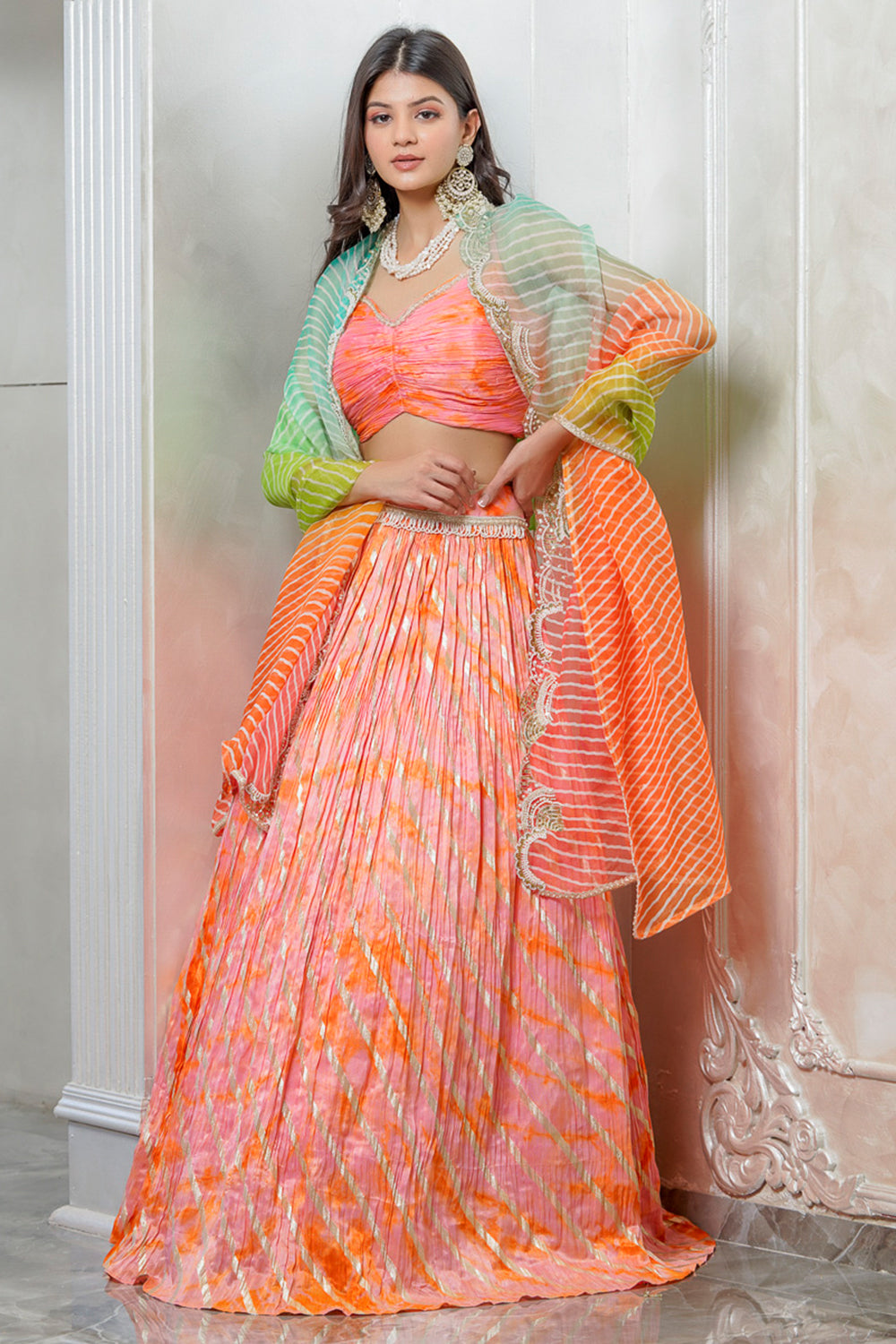 PINK ORANGE TIE AND DYE BANDHEJ LEHENGA SET (7559066386678)