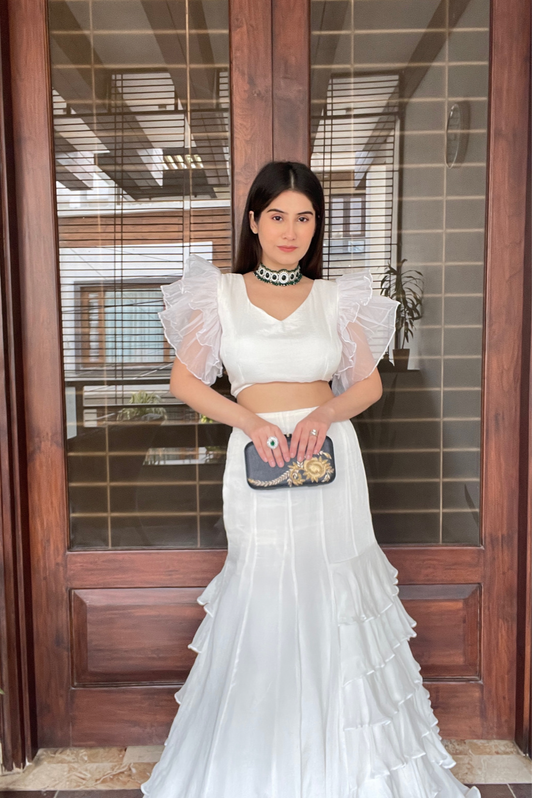 WHITE RUFFLE LAYERED LEHENGA SET (7531203264758)