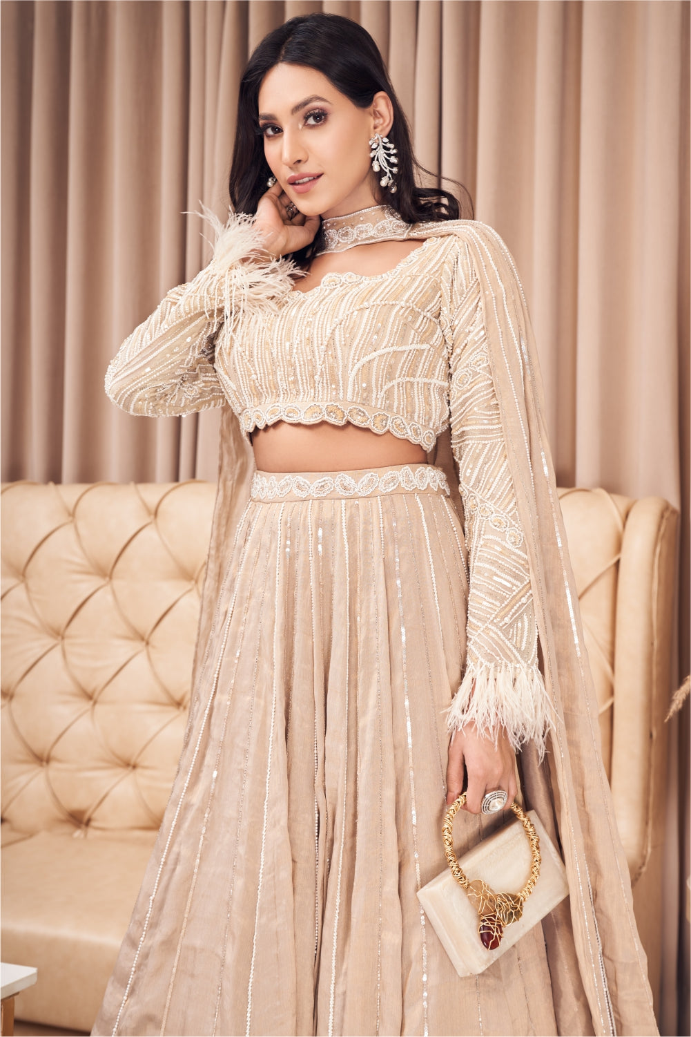 Beige Chanderi Lehenga Set With Choker Dupatta (7970599698678)