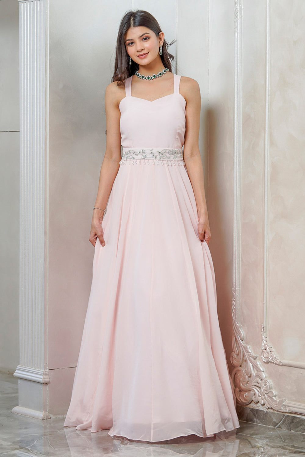 BABY PINK SWEETHEART NECK FLARED GOWN WITH BELT (7559100989686)