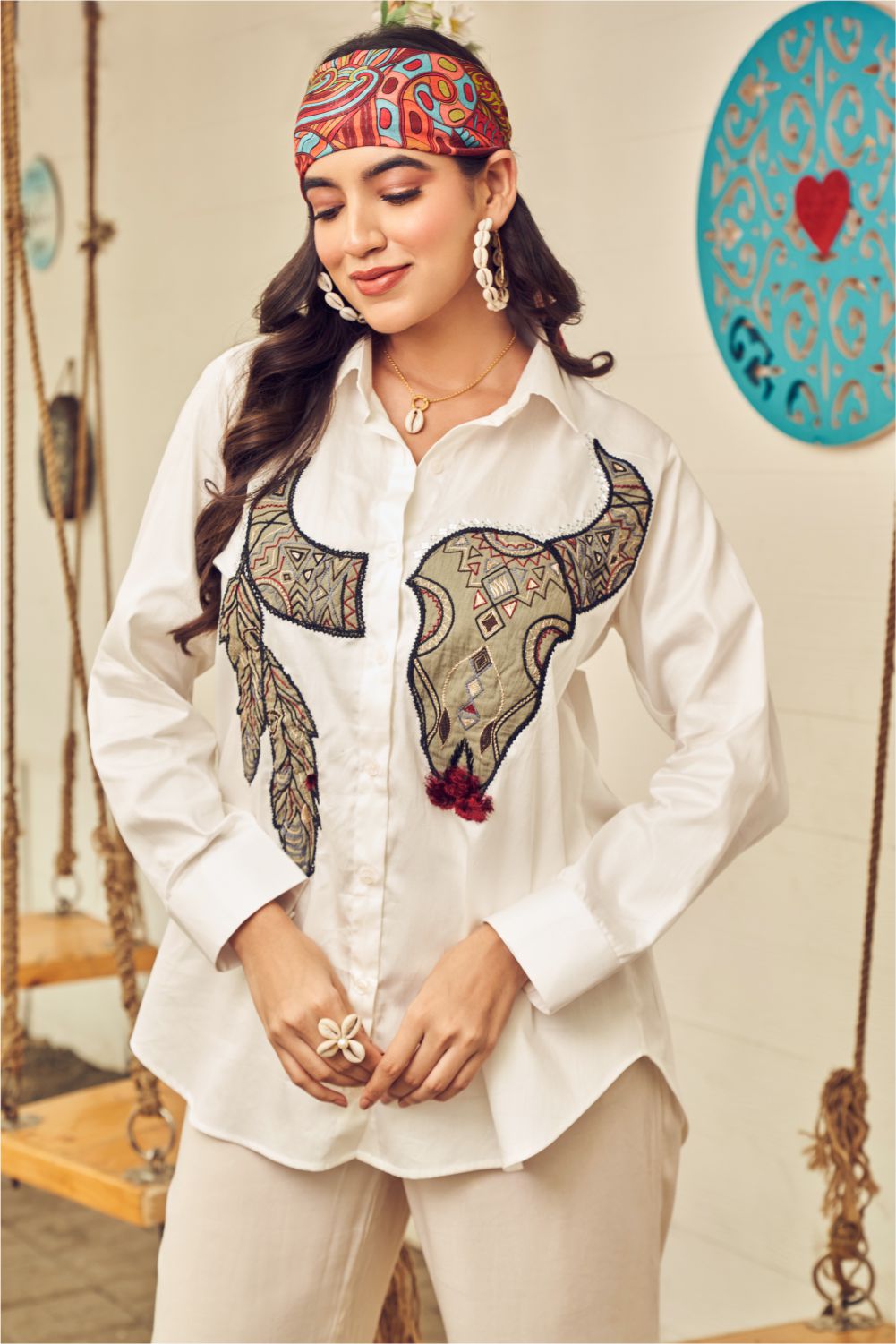 Boho White Shirt With Patch Work (8007389479158)